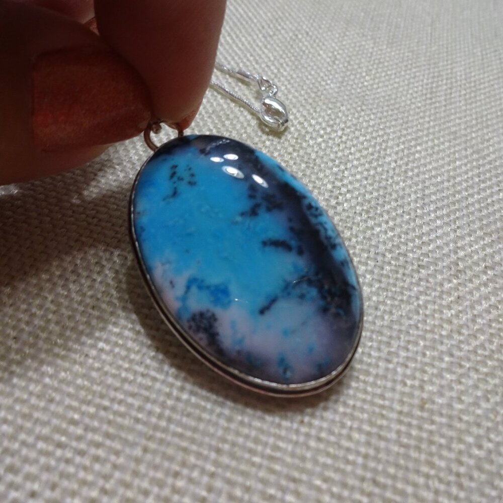 Gorgeous BLUE DENDRITE OPAL Handmade Sterling 925 Pendant/Chain #364C